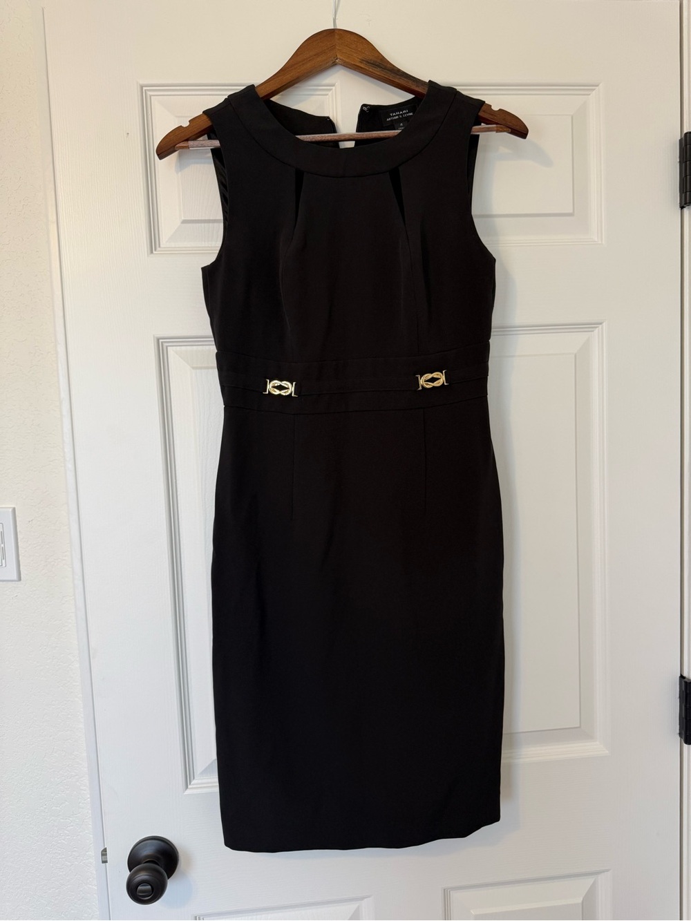 Black Sleeveless Tahari Dress with Gold Accents
